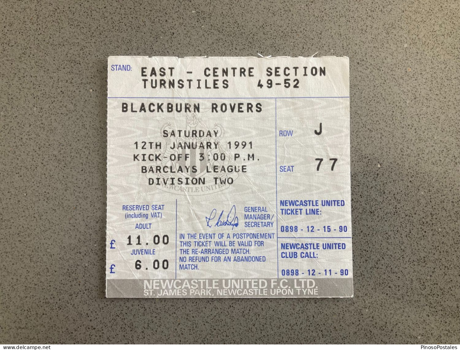 Newcastle United V Blackburn Rovers 1990-91 Match Ticket - Biglietti D'ingresso