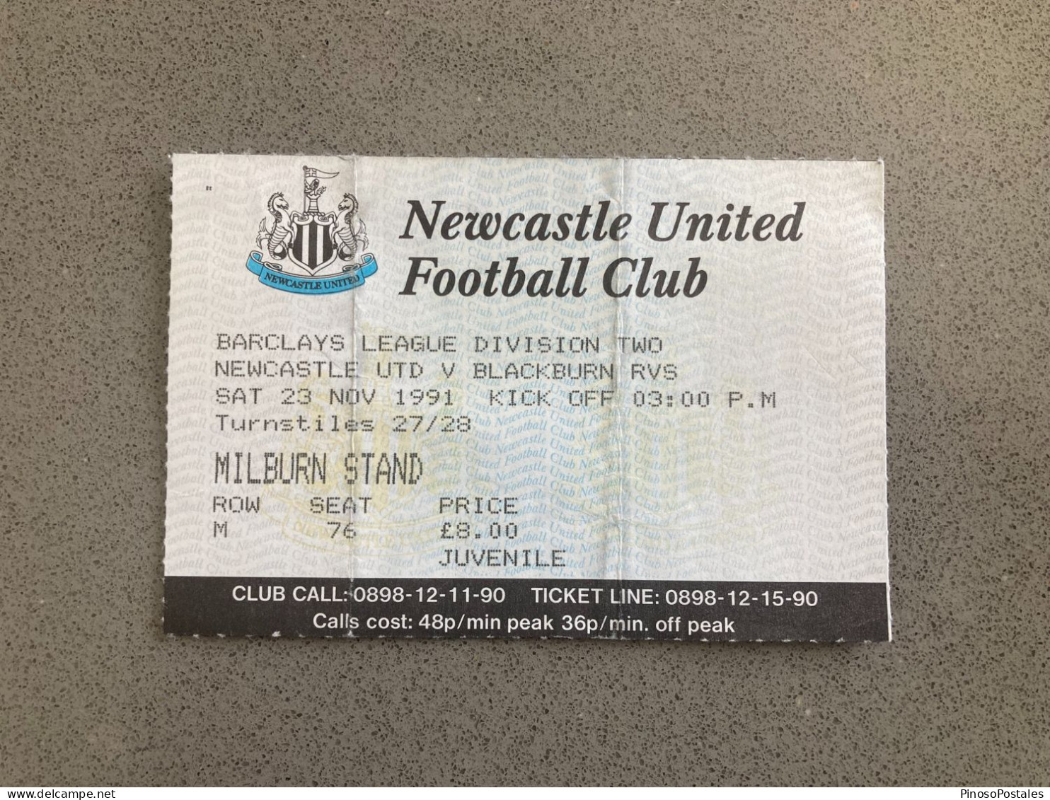 Newcastle United V Blackburn Rovers 1991-92 Match Ticket - Match Tickets