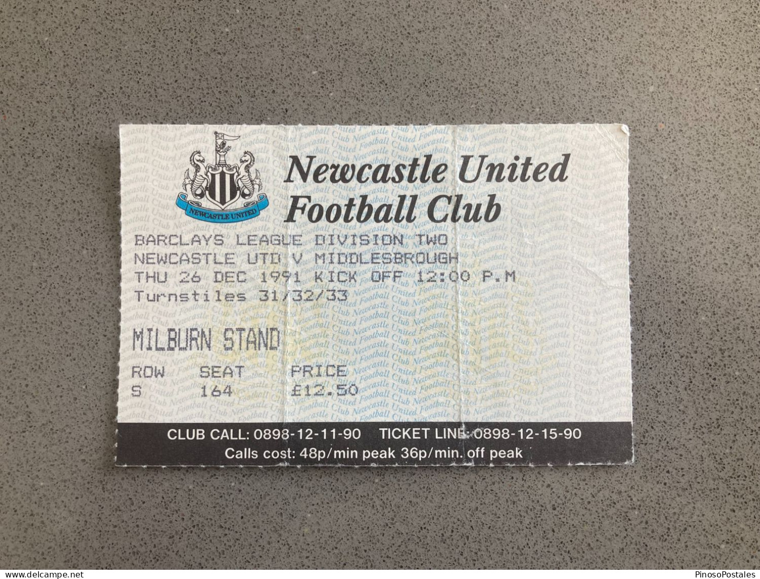 Newcastle United V Middlesbrough 1991-92 Match Ticket - Eintrittskarten
