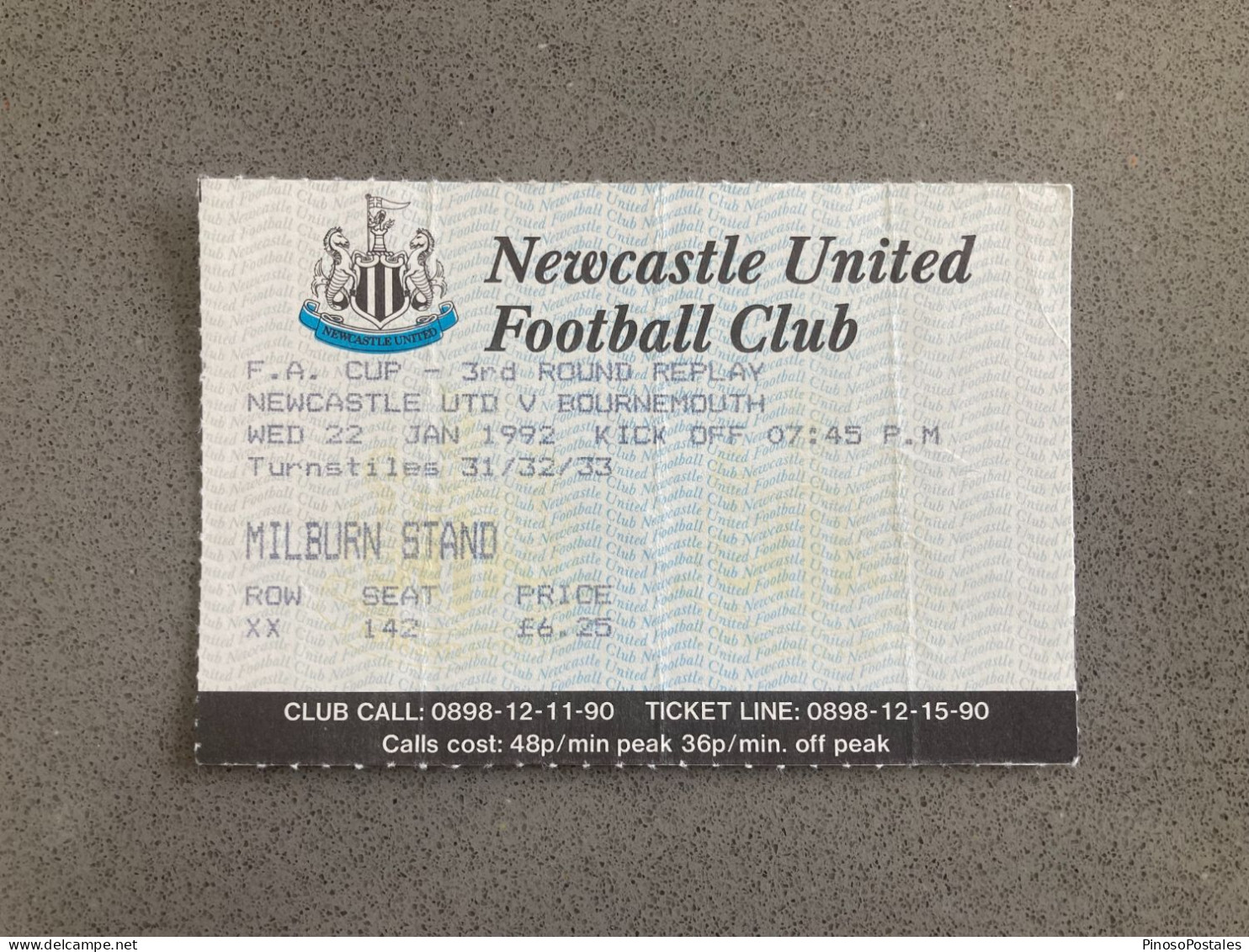 Newcastle United V Bournemouth 1991-92 Match Ticket - Tickets & Toegangskaarten