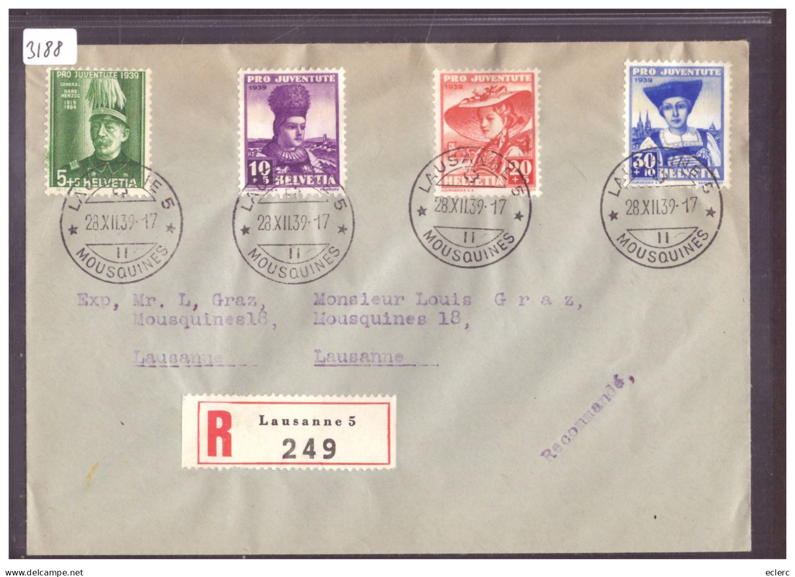 SERIE PRO JUVENTUTE 1939 SUR LETTRE RECOMMANDEE - Lettres & Documents