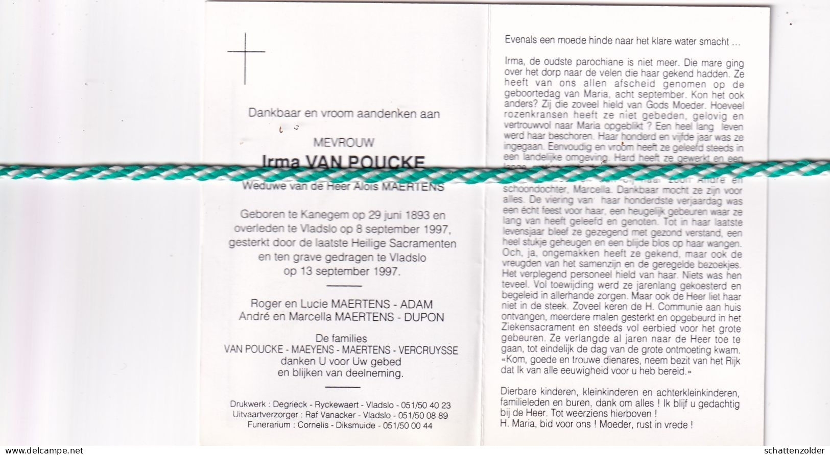 Irma Van Poucke-Maertens, Kanegem 1893, Vladslo 1997. Honderdjarige. Foto - Décès