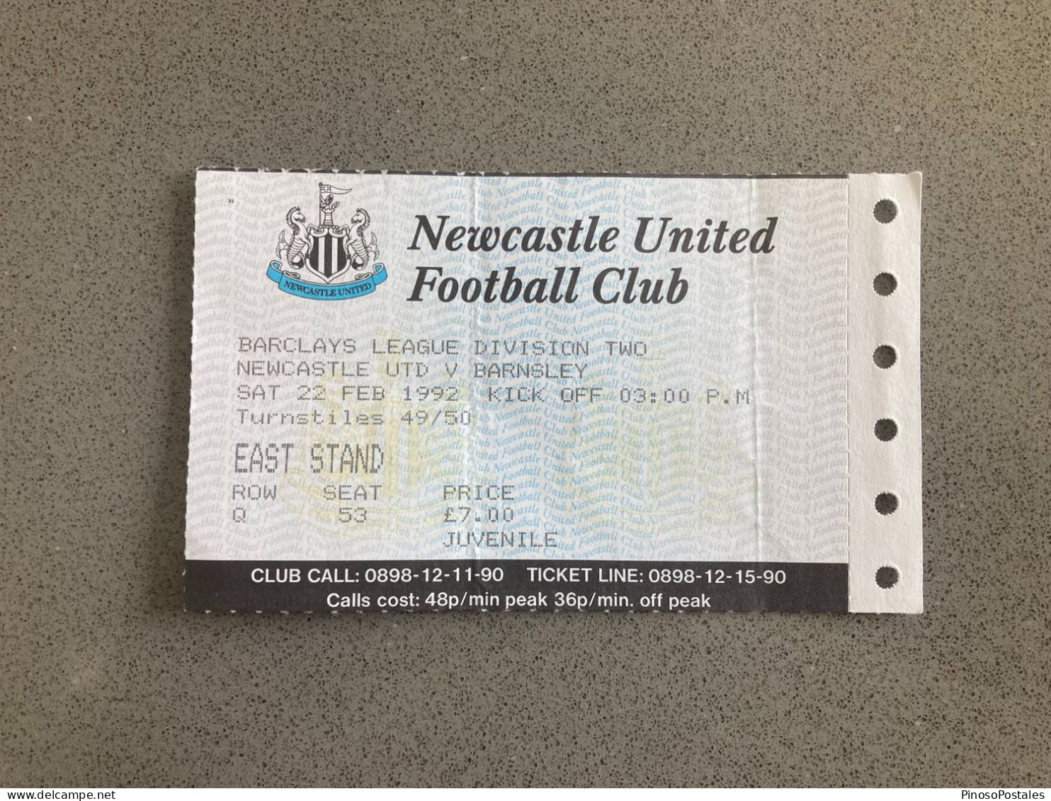 Newcastle United V Barnsley 1991-92 Match Ticket - Tickets & Toegangskaarten