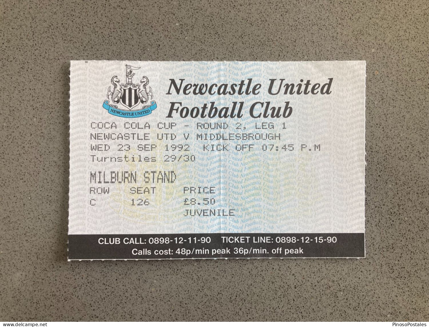 Newcastle United V Middlesbrough 1992-93 Match Ticket - Biglietti D'ingresso