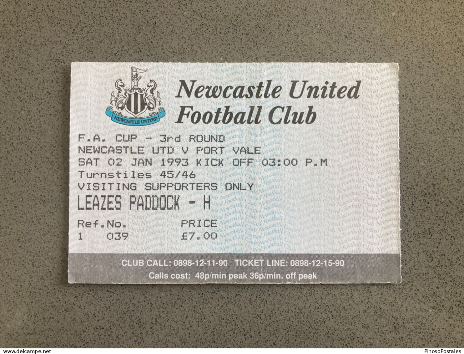 Newcastle United V Port Vale 1992-93 Match Ticket - Eintrittskarten