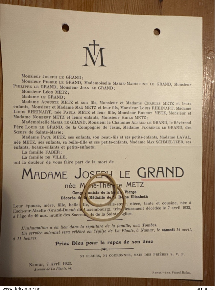 Madame J. Le Grand Nee Metz M.-Th. Medaille Reine Elisabeth * Esch Sur Alzette +1923 Namur Tombes Laval Schmeltzer Faber - Esquela