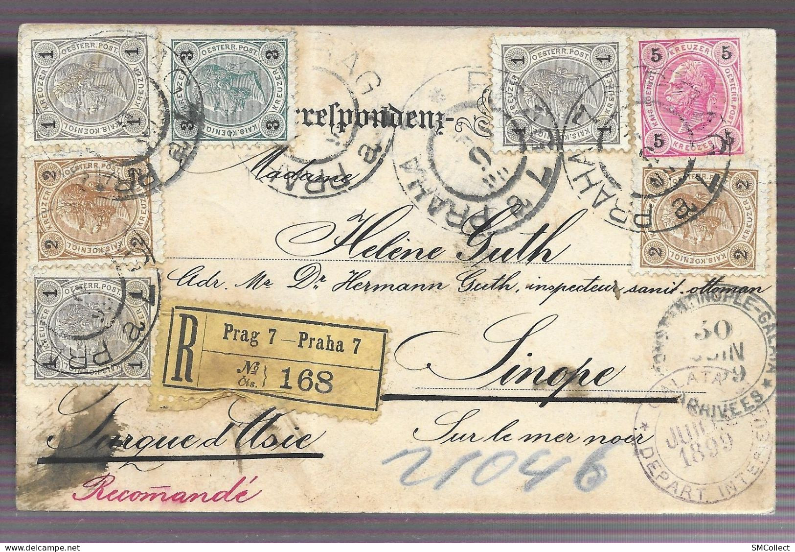 Carte Postale "Gruss Aus Prag, Der Wenzelsplatz" Recommandée, Départ De Prague Vers Sinope, Juin / Juillet 1899 (AS) - ...-1918 Prephilately