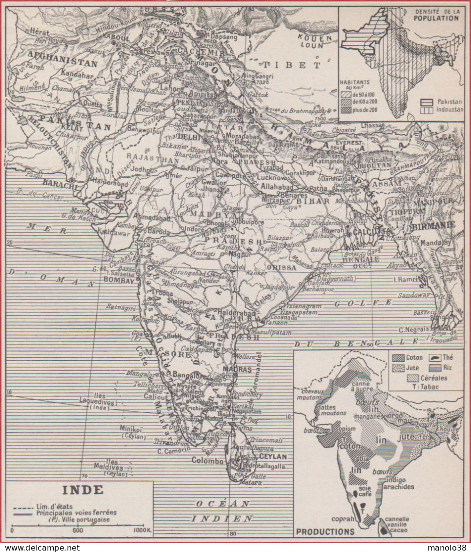 Cartes De L' Inde. Carte Politique Avec Voies Ferrées, Densité De La Population, Productions. Larousse 1948. - Historische Dokumente