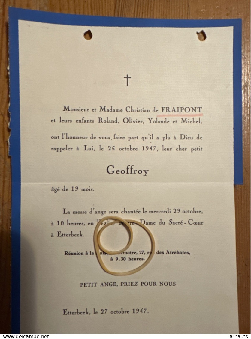 Cher Petit Geoffrey De Fraipont +1947 19 Mois Etterbeek La Messe D’Ange Sera Chantee… - Décès