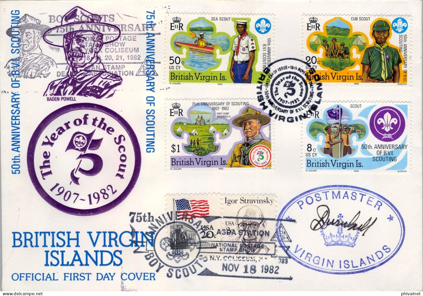 1982 BRITISH VIRGIN ISLANDS , TEMA SCOUT , SOBRE DE PRIMER DIA , FIRST DAY COVER , BADEN POWELL - Storia Postale