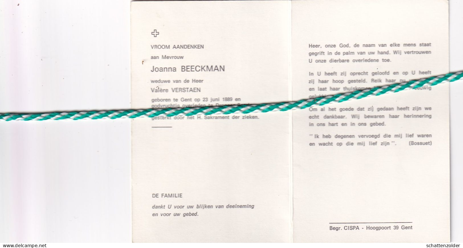 Joanna Beeckman-Verstaen, Gent 1889, Drongen-Baarle 1982 - Décès