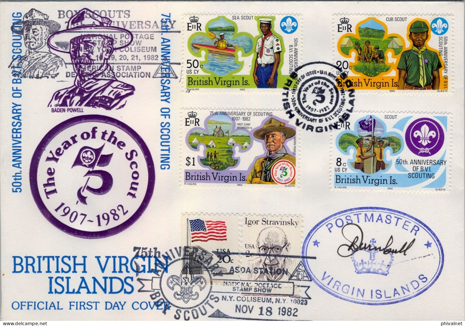 1982 BRITISH VIRGIN ISLANDS , TEMA SCOUT , SOBRE DE PRIMER DIA , FIRST DAY COVER , BADEN POWELL - Britse Maagdeneilanden