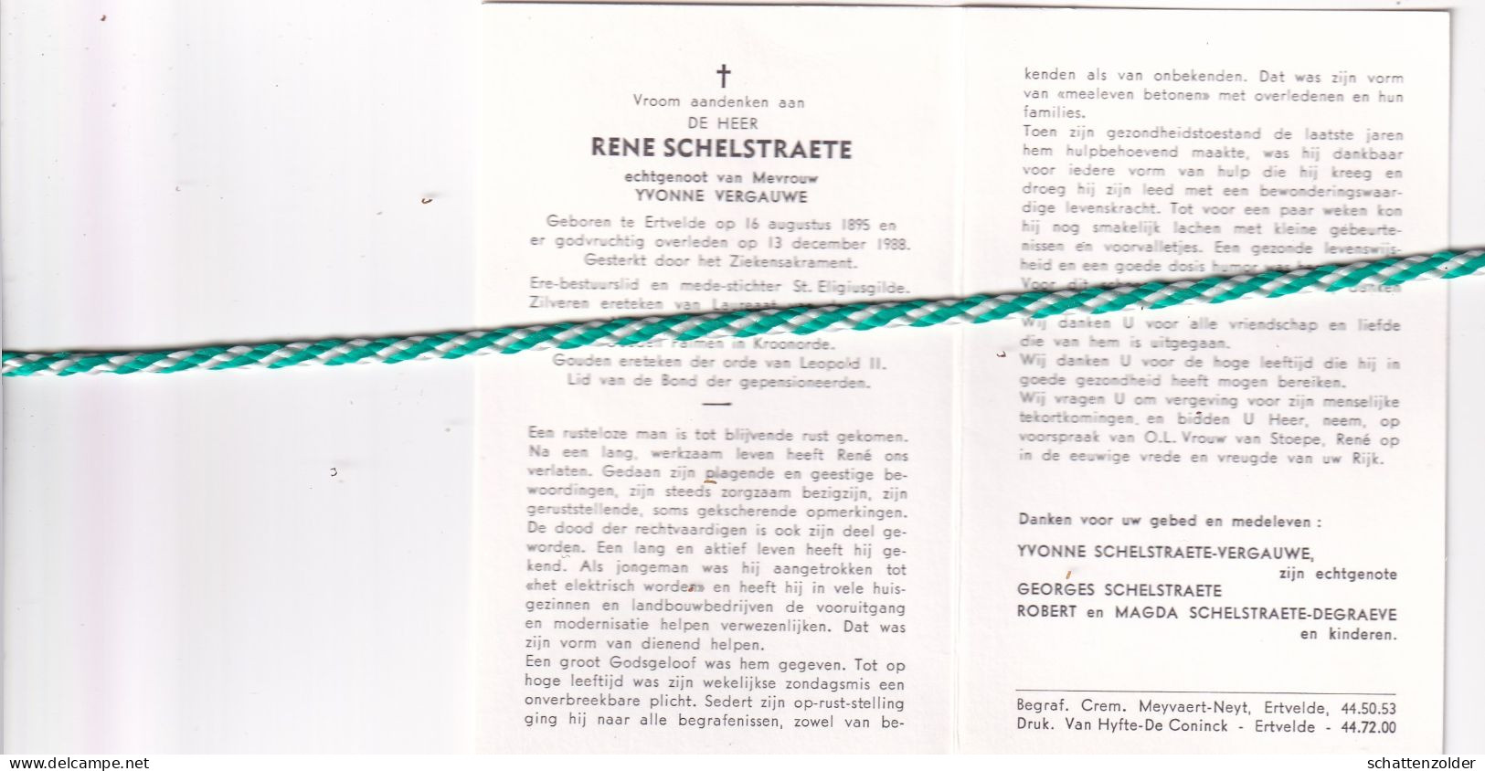 Rene Schelstraete-Vergauwe, Ertvelde 1895, 1988 - Obituary Notices