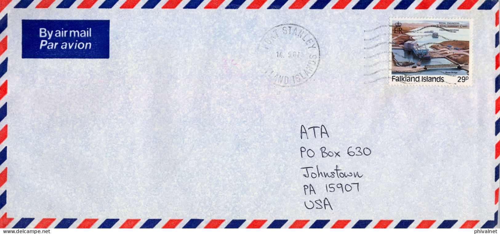 1987 ISLAS MALVINAS , FALKLAND  ISLANDS , PORT STANLEY , SOBRE CIRCULADO , CORREO AÉREO , ROYAL ENGINEERS - Falkland