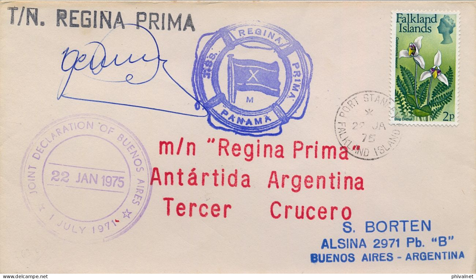 1975 ISLAS MALVINAS , FALKLAND  ISLANDS , PORT STANLEY , SOBRE CIRCULADO , T/N REGINA PRIMA , ANTÁRTIDA  ARGENTINA - Falklandeilanden