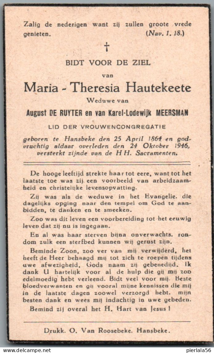 Bidprentje Hansbeke - Hautekeete Maria Theresia (1864-1946) - Santini