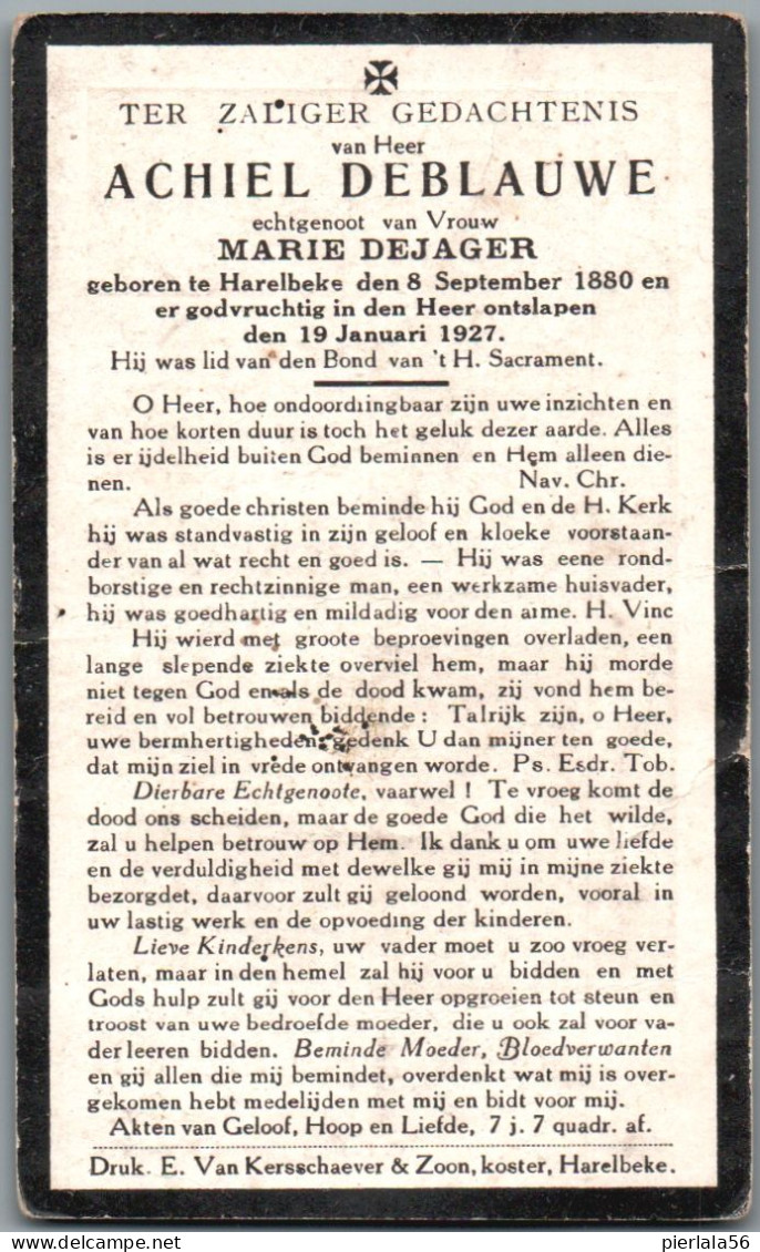 Bidprentje Harelbeke - Deblauwe Achiel (1880-1927) - Devotion Images