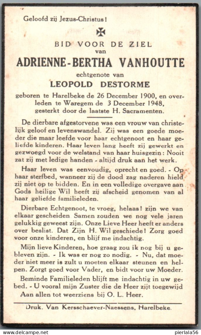 Bidprentje Harelbeke - Vanhoutte Adrienne Bertha (1900-1948) - Imágenes Religiosas