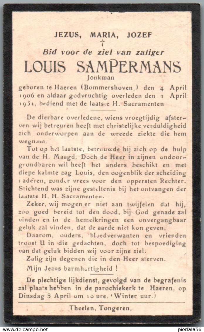 Bidprentje Haren-Bommershoven - Sampermans Louis (1906-1932) - Devotieprenten