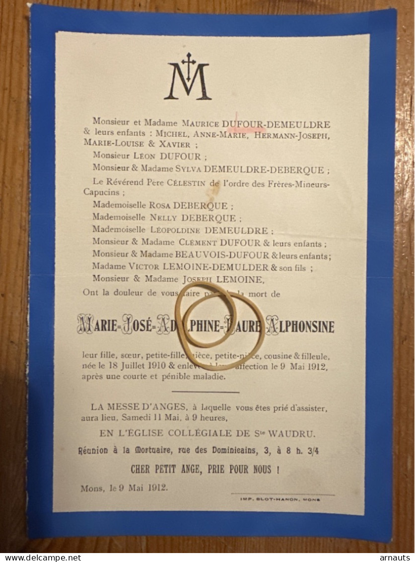 Leur Fille Marie-José Dufour Fille Maurice Dufour-Demeuldre *1910+1912 Mons La Messe D’Ange. Deberque Beauvois Lemoine - Avvisi Di Necrologio