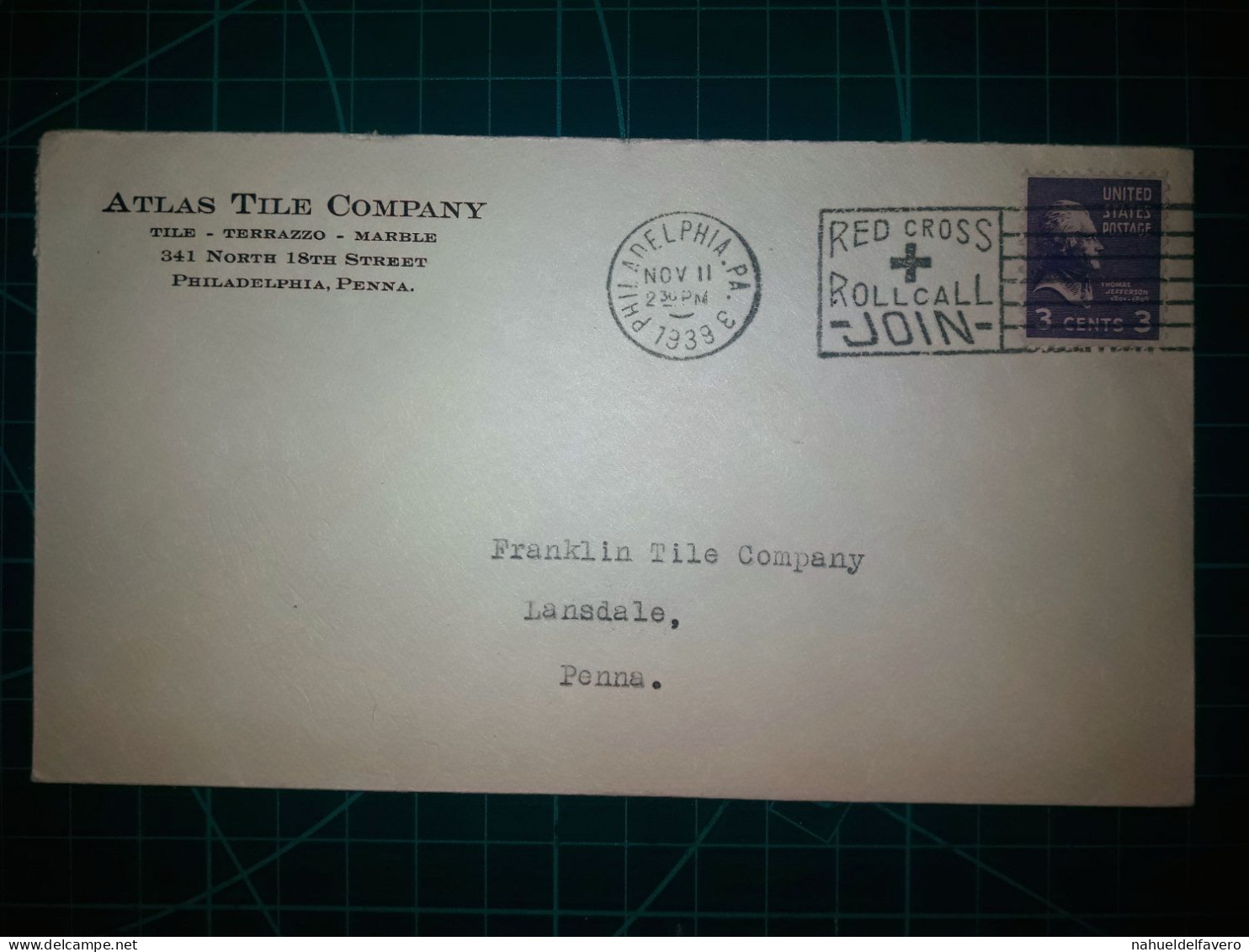 ÉTATS-UNIS, Enveloppe De "Atlas Tile Company" Distribuée Avec Le Cachet Spécial De "Red Cross". Année 1939. - Used Stamps