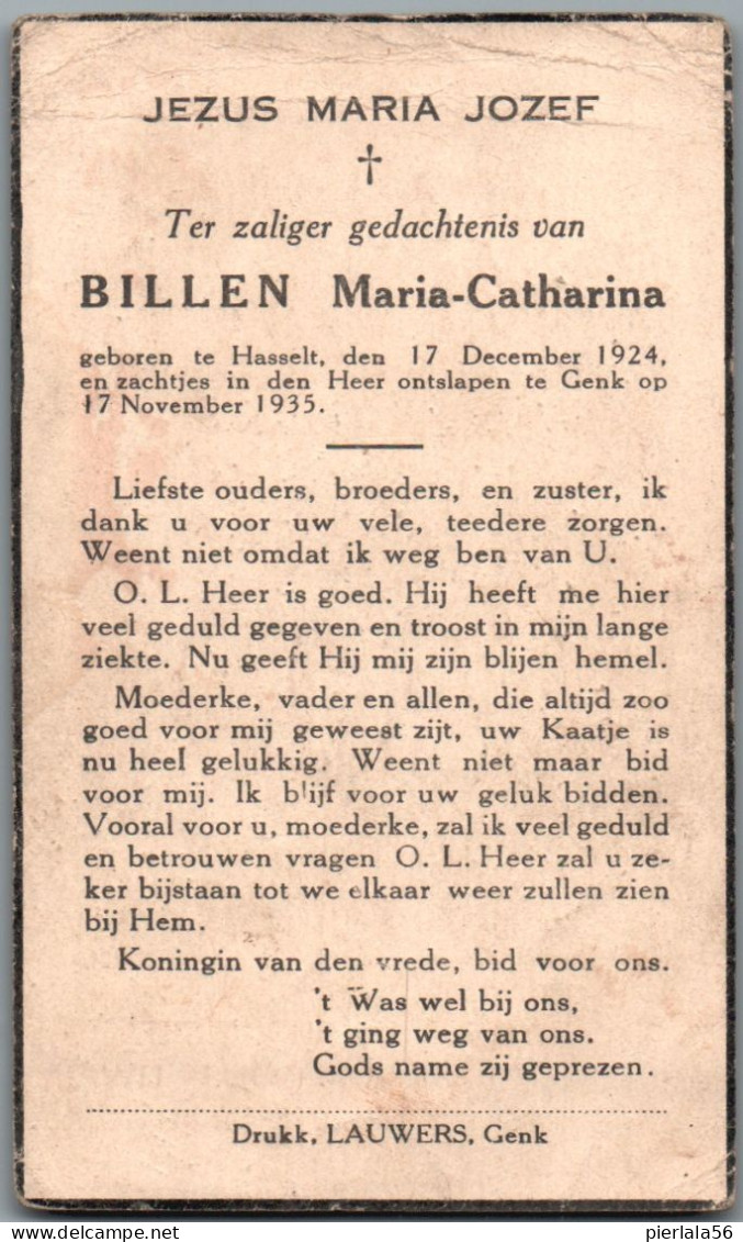 Bidprentje Hasselt - Billen Maria Catharina (1924-1935) Bovenplooi - Images Religieuses