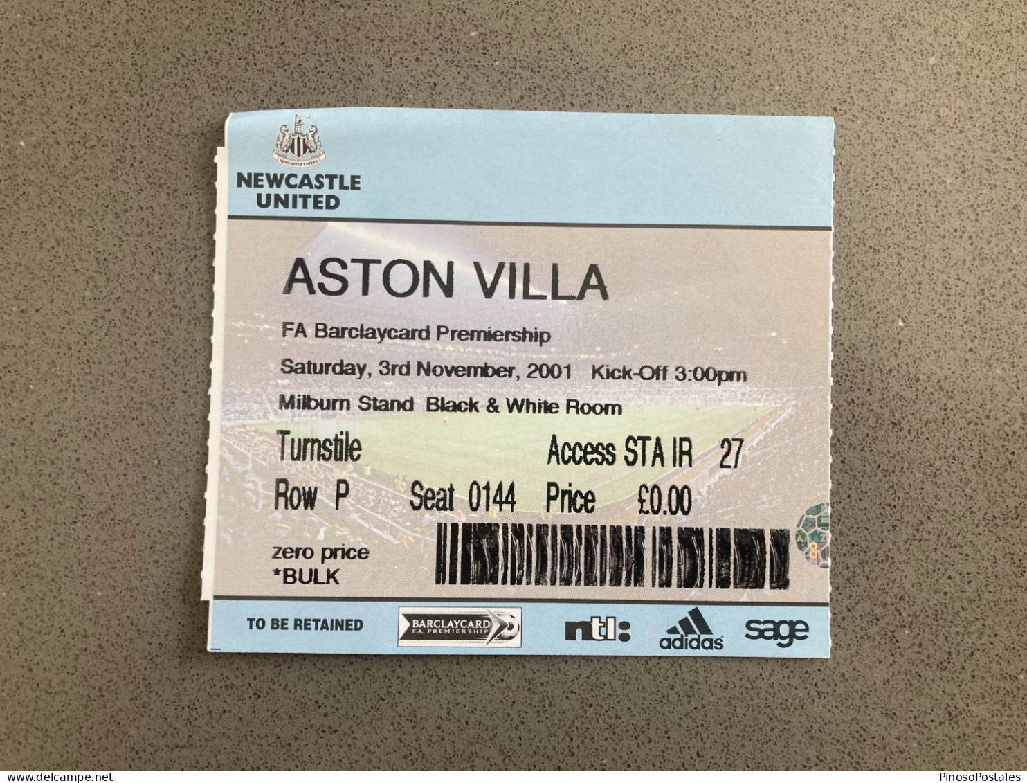 Newcastle United V Aston Villa 2001-02 Match Ticket - Match Tickets