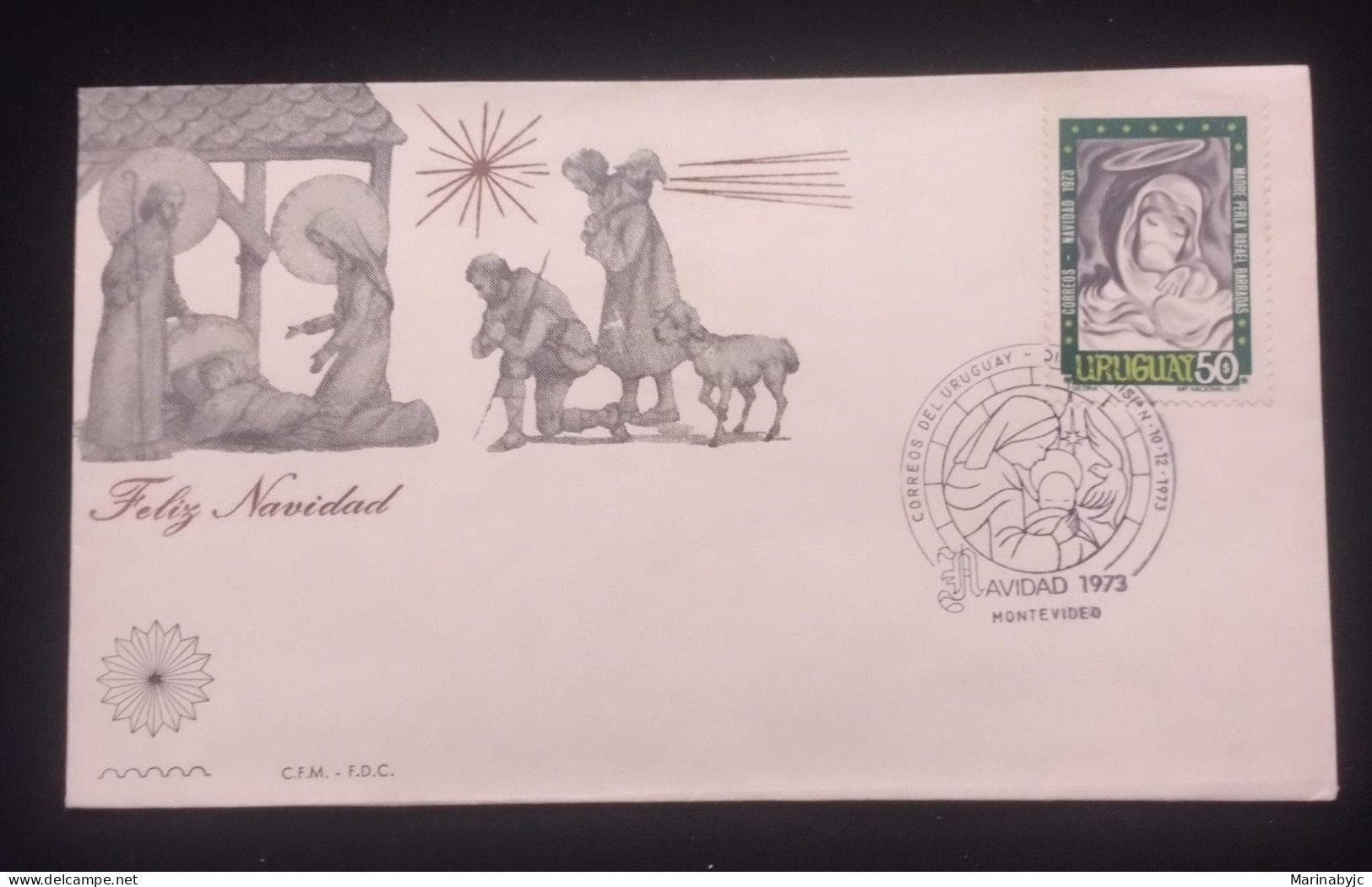 D)1973, URUGUAY, FIRST DAY COVER, ISSUE, CHRISTMAS, "MADONNA, MADRE PERLA, RAFAEL PÉREZ BARRADAS, FDC - Uruguay