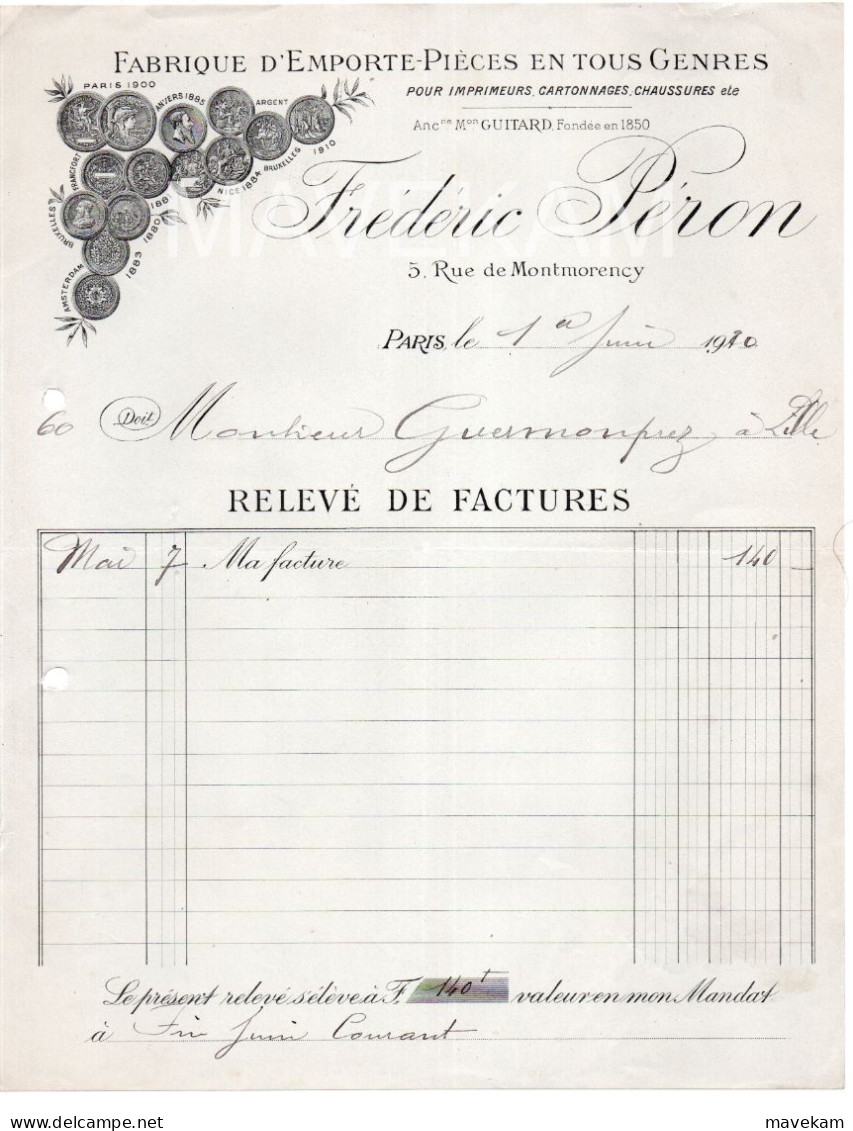 Facture Publicitaire 1920 Frederic PERON Fabrique D'emporte Pièces En Tout Genres Pour Imprimeurs Cartonnages,Chaussures - Printing & Stationeries