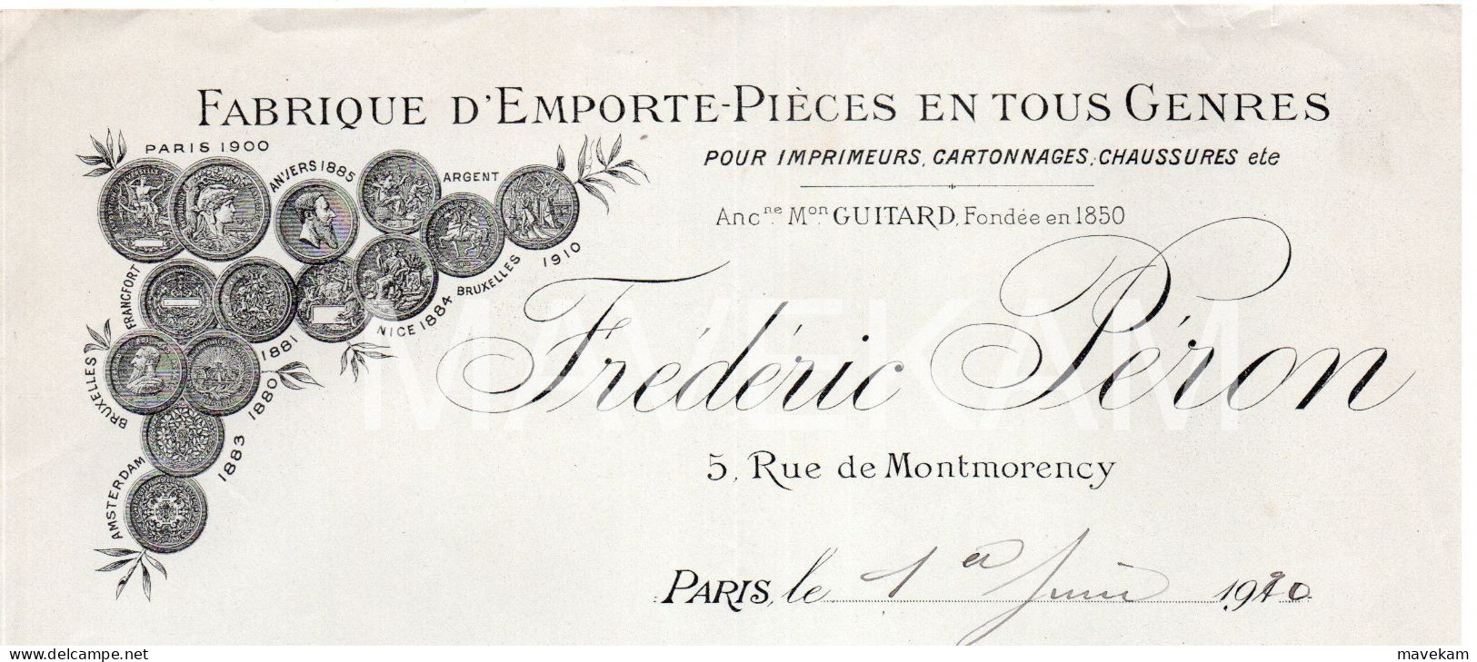 Facture Publicitaire 1920 Frederic PERON Fabrique D'emporte Pièces En Tout Genres Pour Imprimeurs Cartonnages,Chaussures - Printing & Stationeries