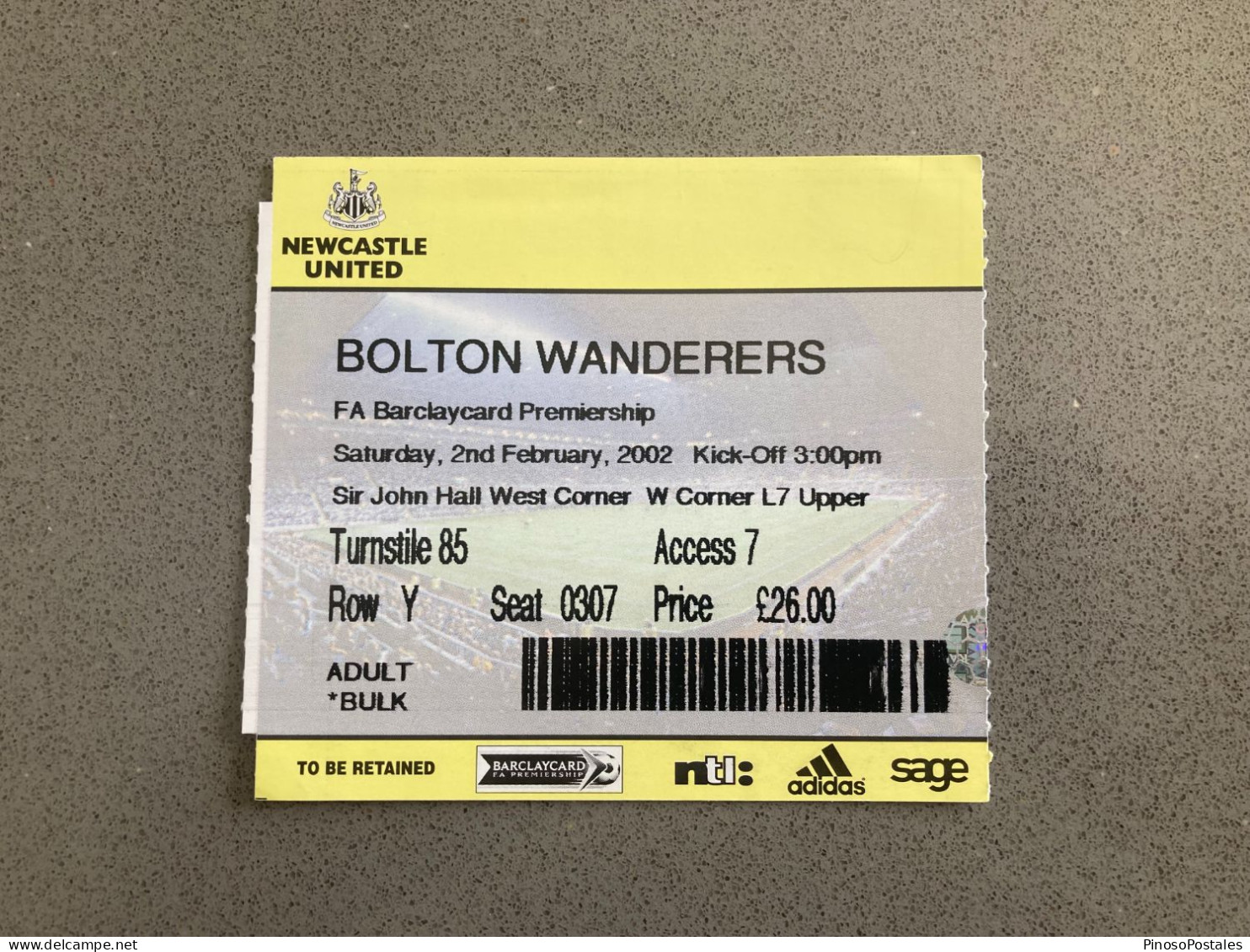 Newcastle United V Bolton Wanderers 2001-02 Match Ticket - Match Tickets