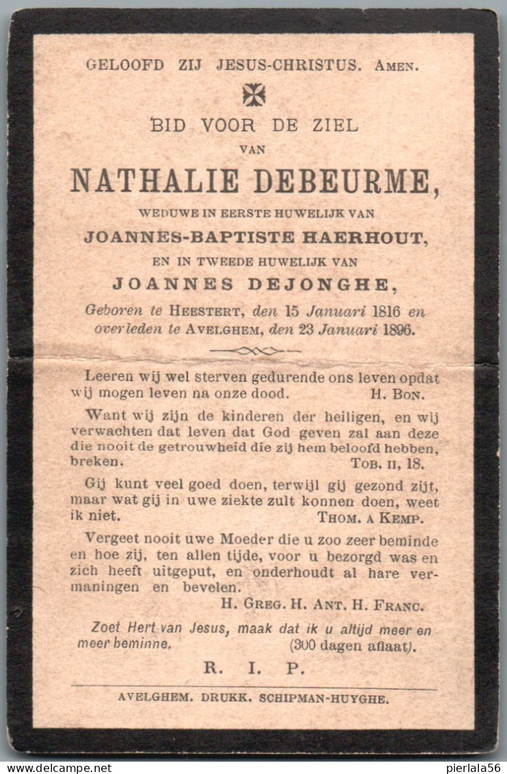 Bidprentje Heestert - Debeurme Nathalie (1816-1896) Middenplooi - Images Religieuses