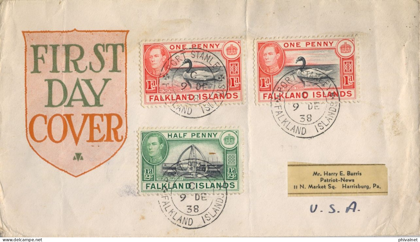 1938 ISLAS MALVINAS  , FALKLAND ISLANDS , PORT STANLEY , SOBRE DE PRIMER DIA , YV. 78 , 79 X 2 , GEORGE VI - Islas Malvinas