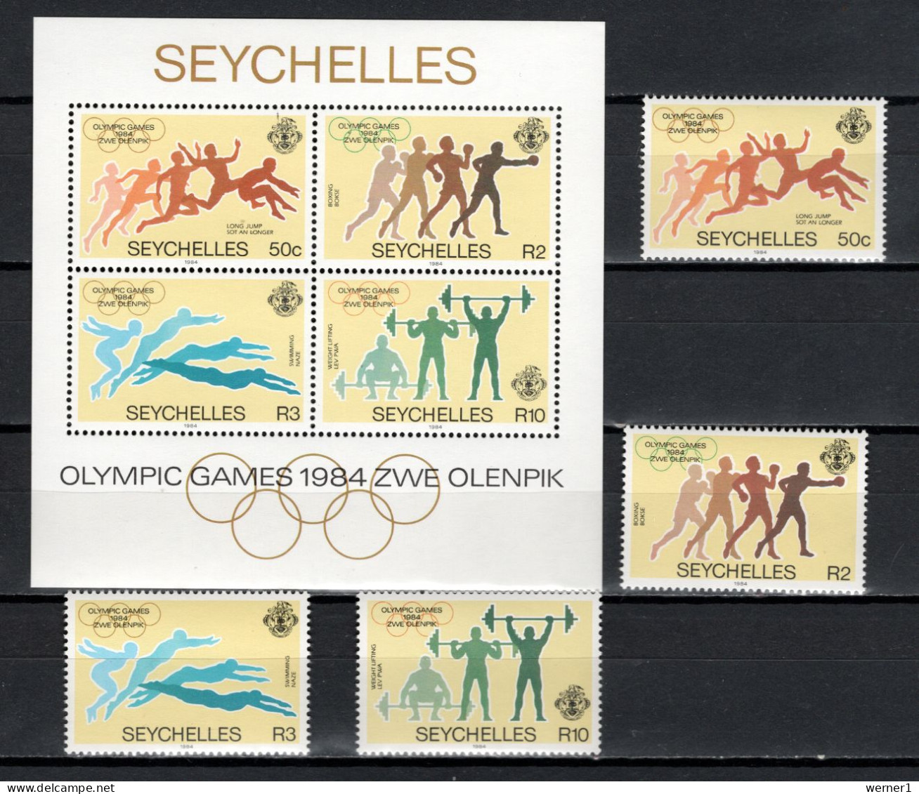 Seychelles 1984 Olympic Games Los Angeles, Athletics, Boxing, Swimming, Weightlifting Set Of 4 + S/s MNH - Sommer 1984: Los Angeles