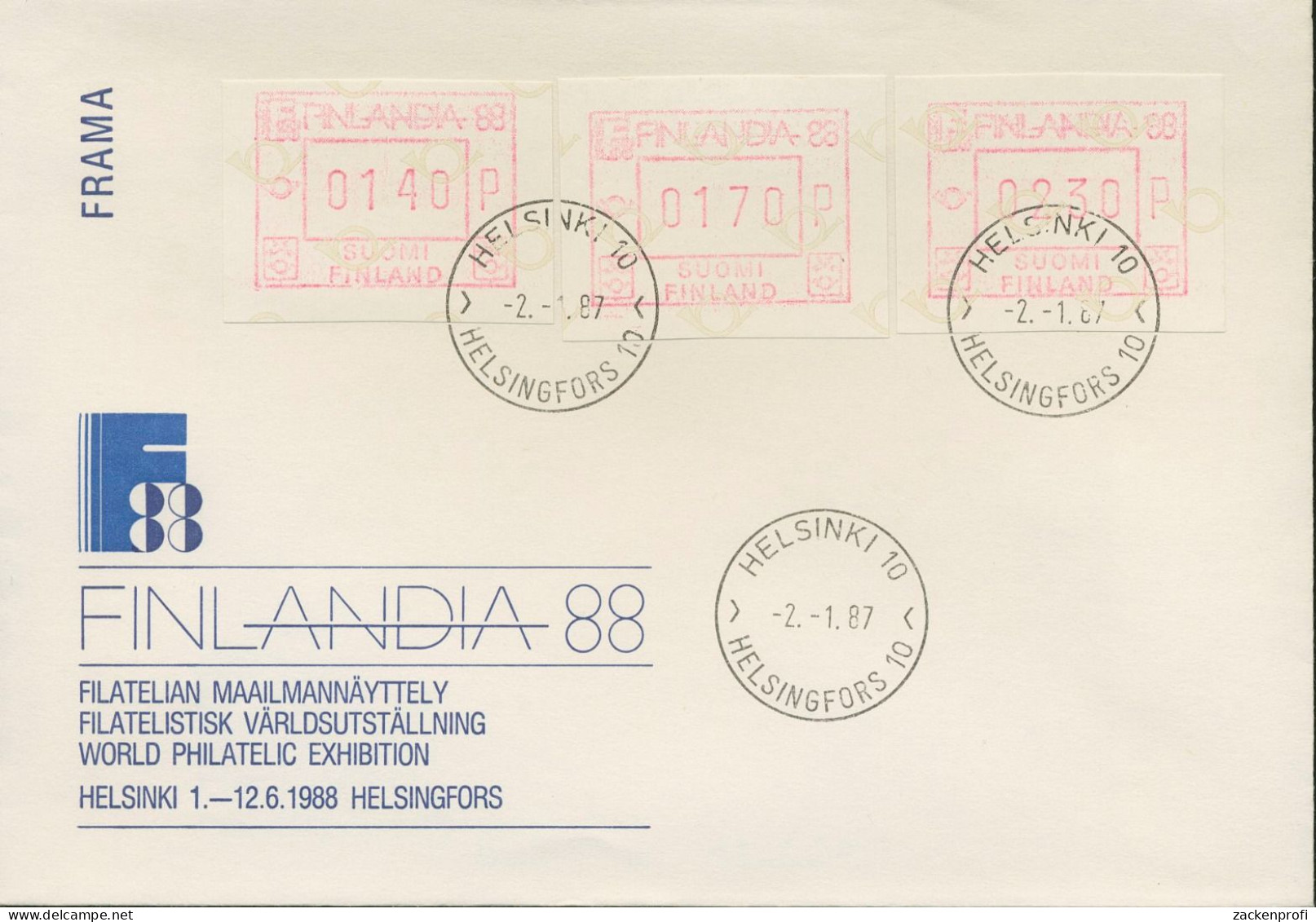 Finnland ATM 1986 FINLANDIA '88 ATM 2.1 S2 Satz Auf Brief (X80562) - Vignette [ATM]