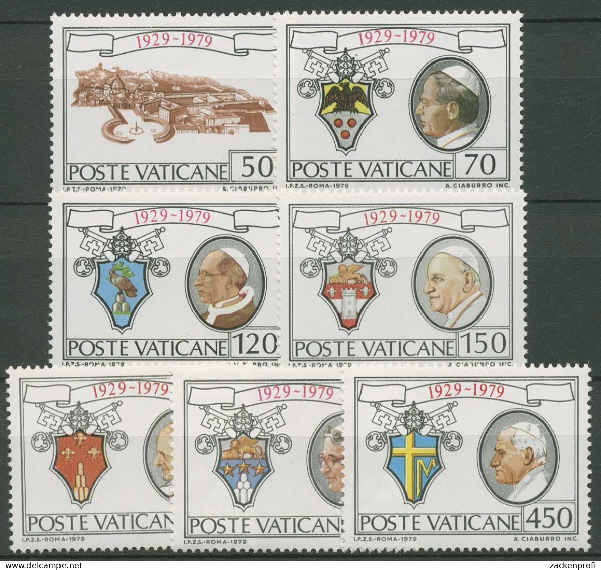 Vatikan 1979 50 Jahre Vatikanstadt Wappen Päpste 748/54 Postfrisch - Ongebruikt