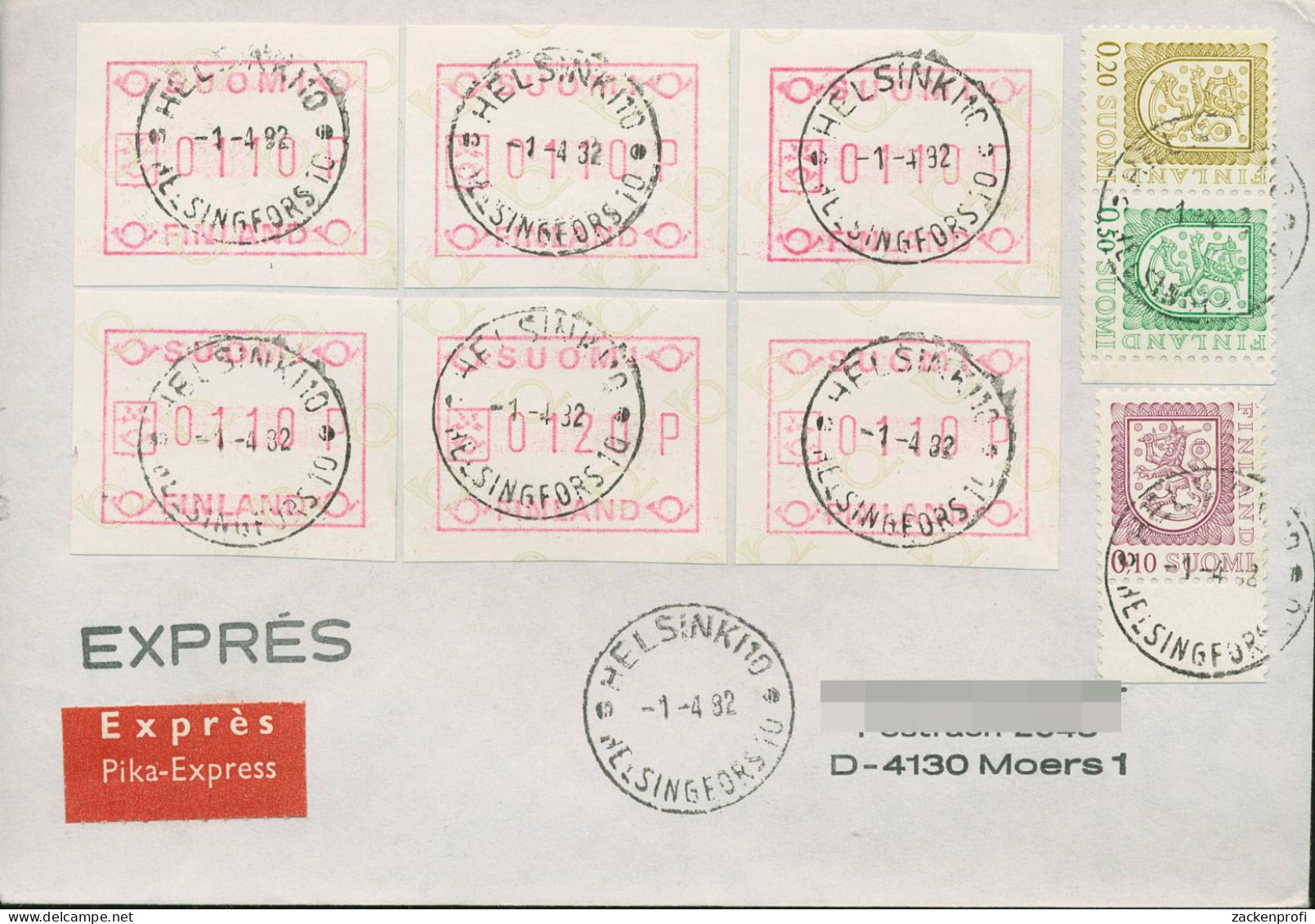 Finnland ATM 1982 Kl. Posthörner, FDC ATM 1.1 Auf Express-Brief (X80556) - Machine Labels [ATM]
