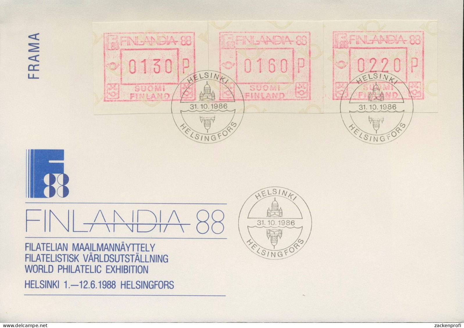 Finnland ATM 1986 FINLANDIA '88 Ersttagsbrief Satz ATM 2.1 S 1 FDC (X80561) - Vignette [ATM]