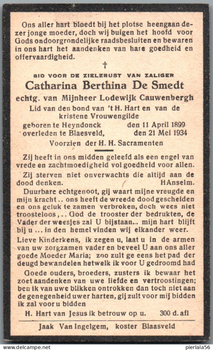 Bidprentje Heindonk - De Smedt Catharina Bertina (1899-1934) - Santini