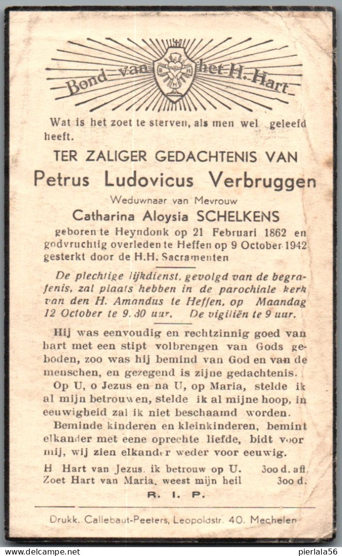 Bidprentje Heindonk - Verbruggen Petrus Ludovicus (1862-1942) Plooi - Devotieprenten