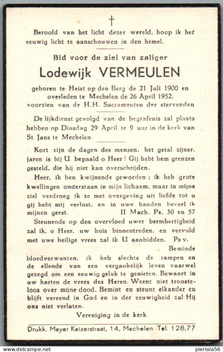 Bidprentje Heist-o/d-Berg - Vermeulen Lodewijk (1900-1952) - Imágenes Religiosas