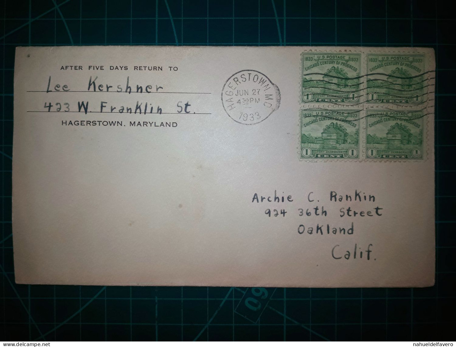 ÉTATS-UNIS, Enveloppe Distribuée à Okland, Californie. Cachet De La Poste Dans La Ville De Hagerstown. MARYLAND. Année 1 - Usati