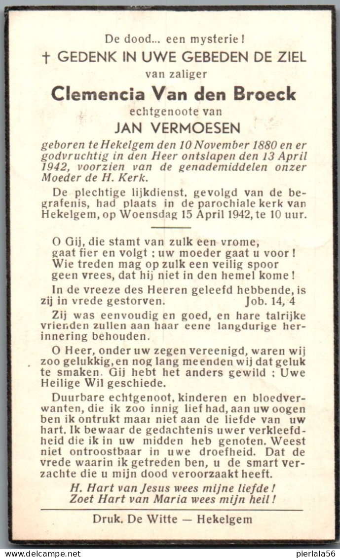 Bidprentje Hekelgem - Van Den Broeck Clemencia (1880-1942) - Santini