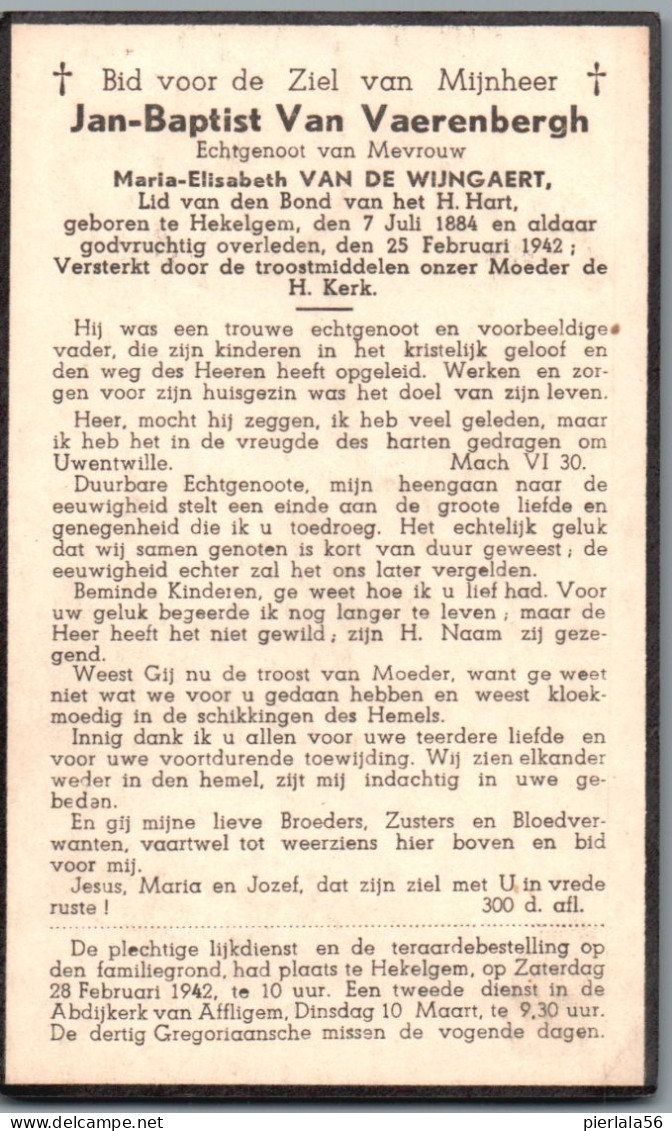 Bidprentje Hekelgem - Van Vaerenbergh Jan Baptist (1884-1942) - Imágenes Religiosas