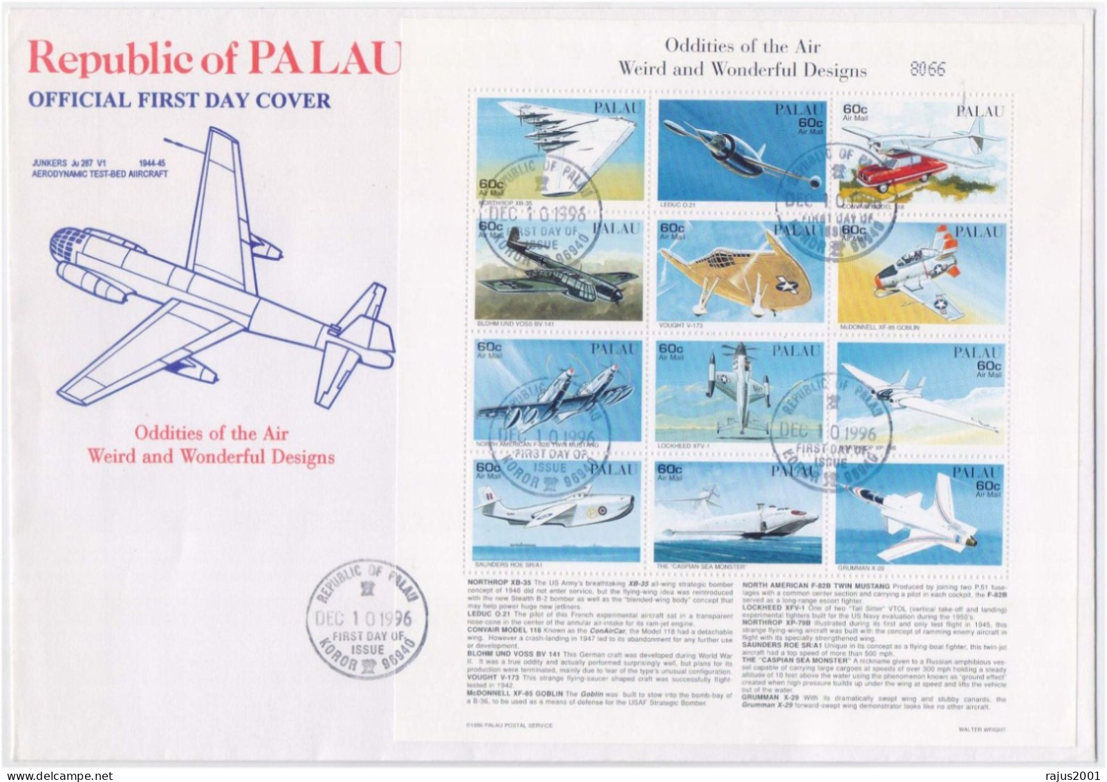 Oddities Of The Air, Wonderful Designs, Aerodynamic Test Bed Aircraft, Sea Monster, Airplane, Aviation Sheet FDC Palau - Vliegtuigen