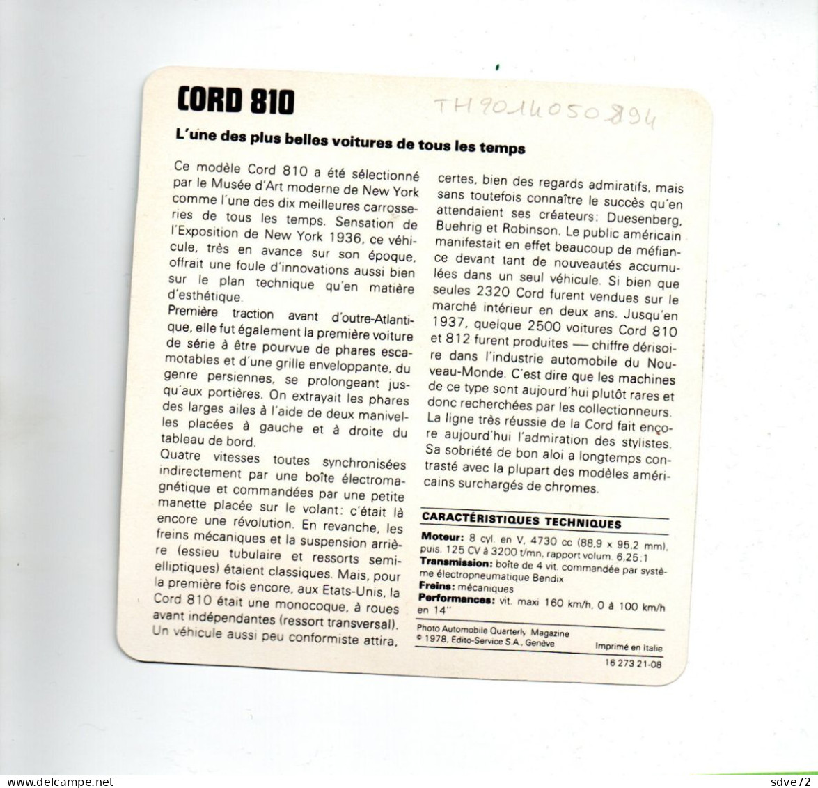 FICHE AUTOMOBILE - CORD 810 - Auto's