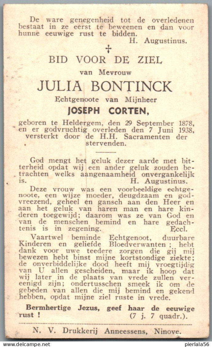 Bidprentje Heldergem - Bontinck Julia (1878-1938) - Devotion Images