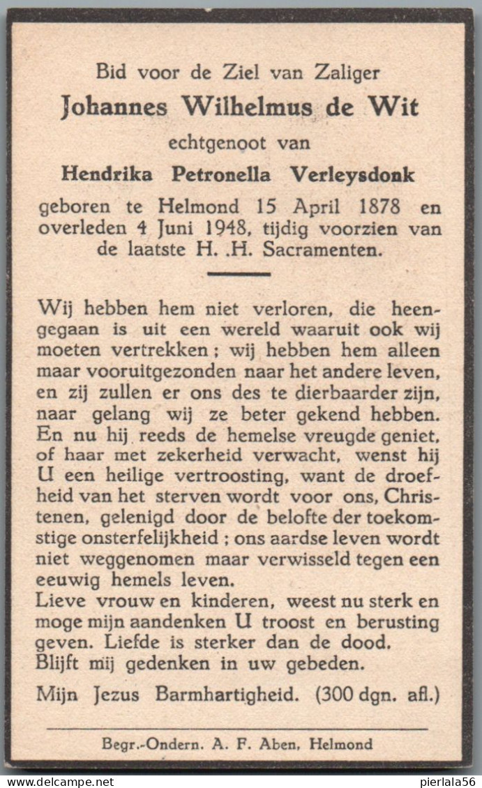 Bidprentje Helmond (NL) - De Wit Johannes Wilhelmus (1878-1948) - Santini