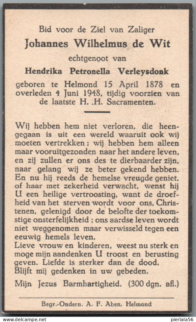 Bidprentje Helmond (NL) - De Wit Johannes Wilhelmus (1878-1948) - Devotieprenten