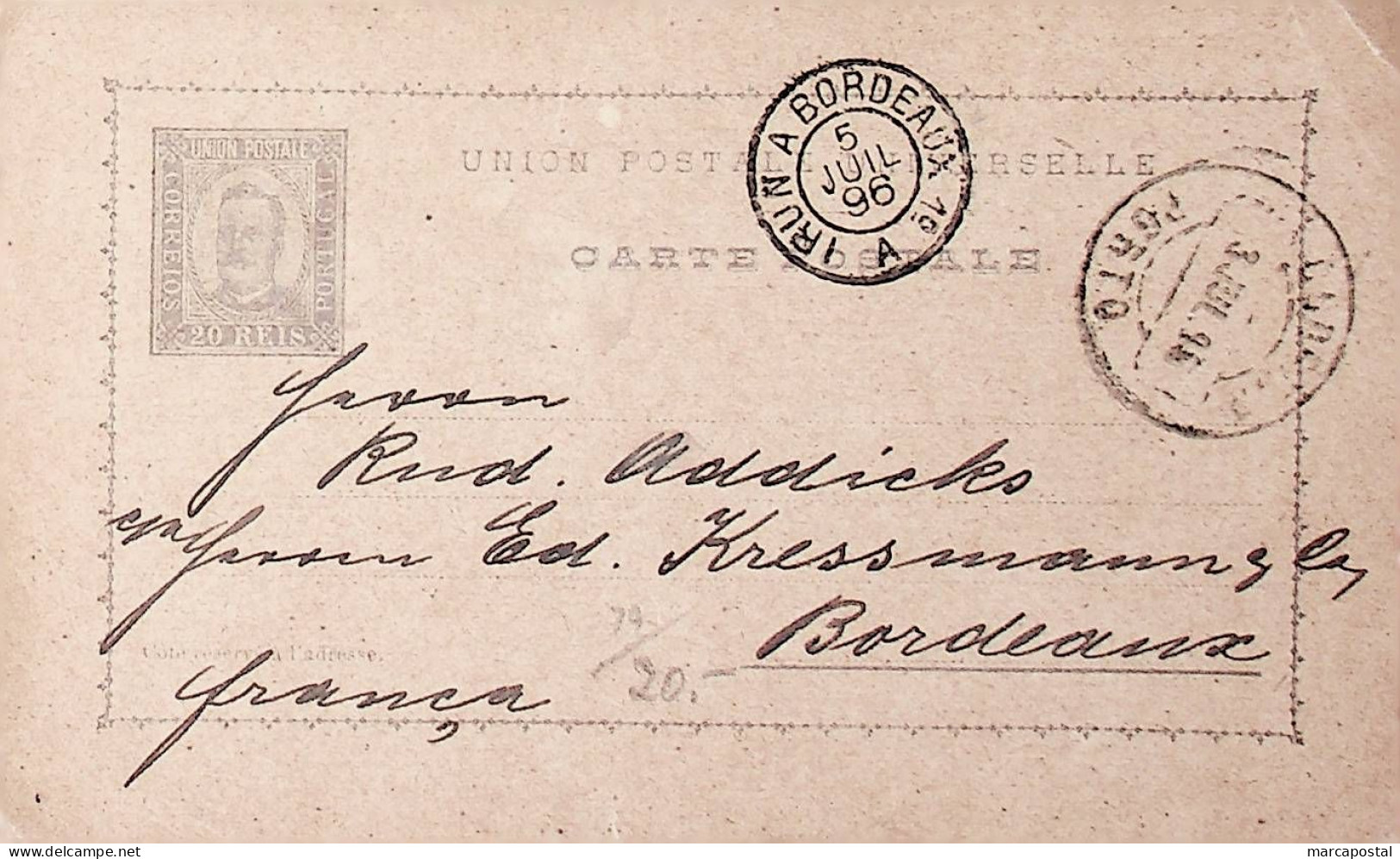 1896 Portugal Bilhete Postal Inteiro D. Carlos Cinzento-violeta 20 R. Enviado Do Porto Para Bordéus / Bordeaux - Entiers Postaux